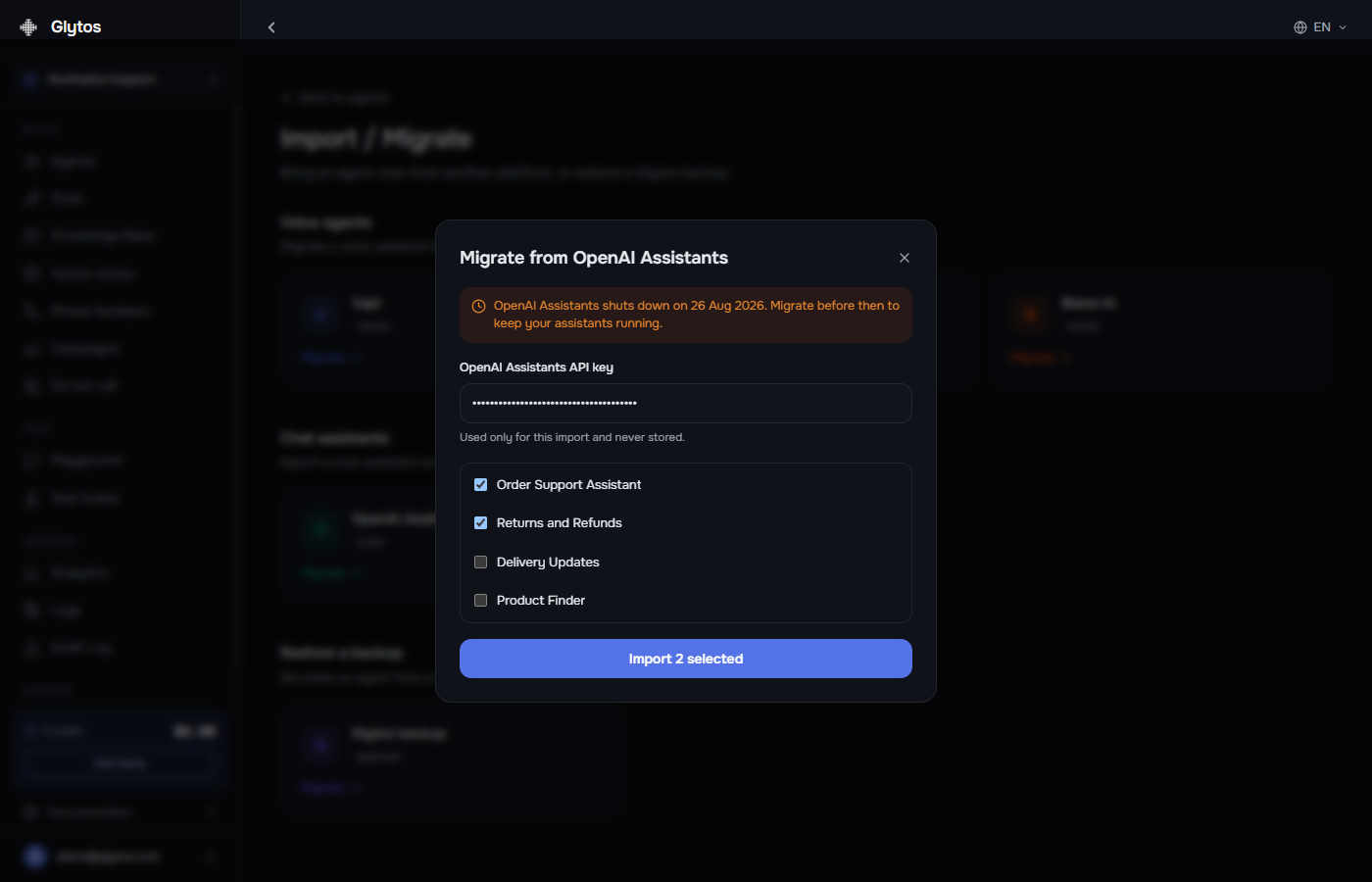 Choosing which OpenAI assistants to import into Glytos from a list fetched with the account key