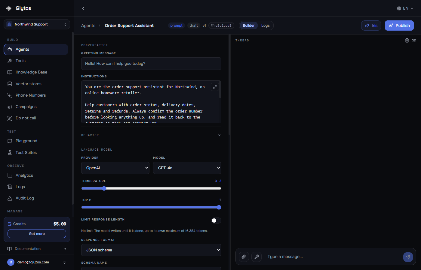 The Glytos chat agent builder showing the imported system prompt, model settings and tools
