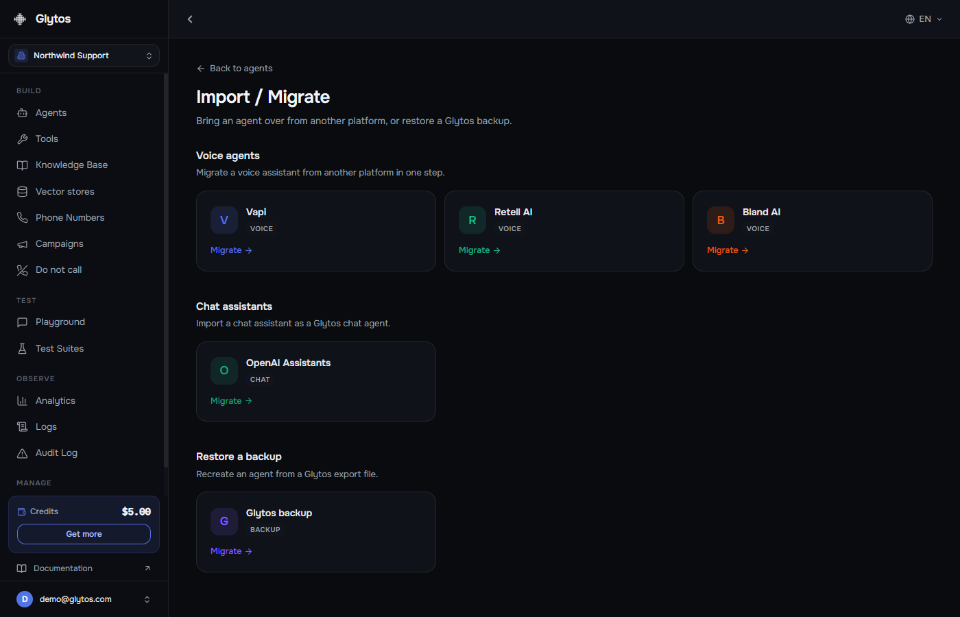 The Glytos import gallery showing OpenAI Assistants among the supported migration sources