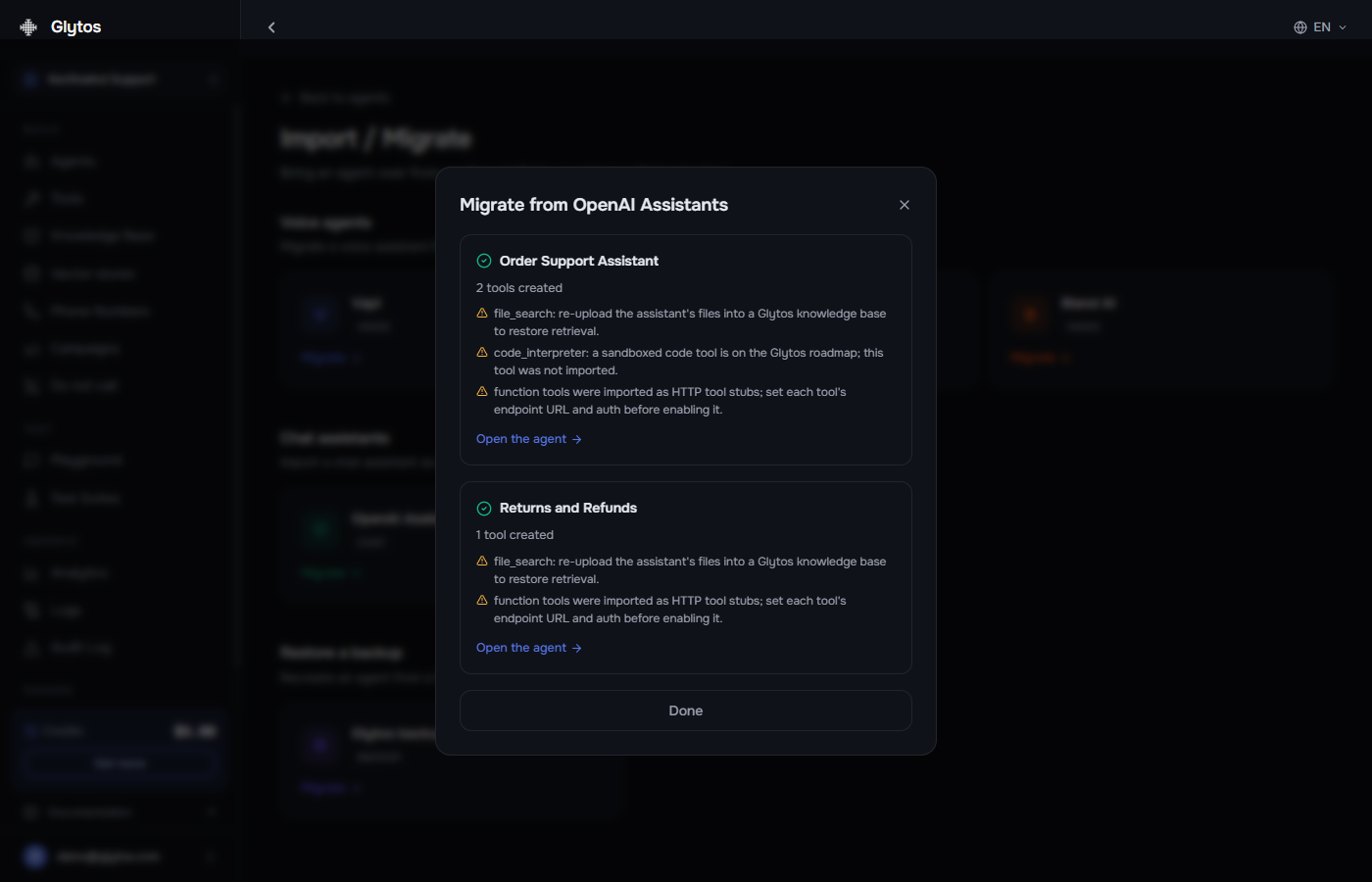 The Glytos import report listing what was migrated from an OpenAI Assistant and what still needs configuration