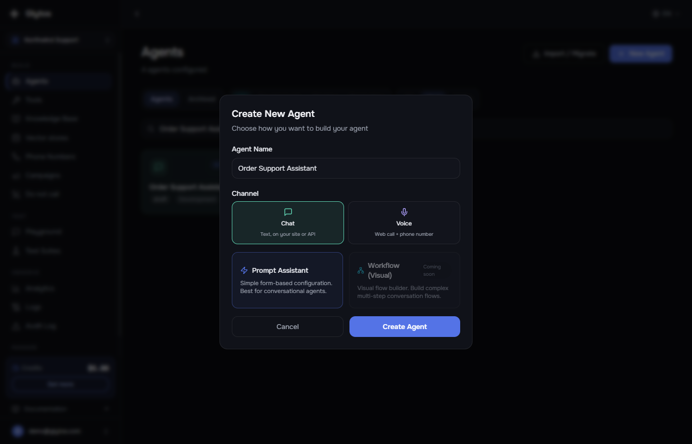 Creating a new Glytos agent with Chat selected as the channel alongside Voice